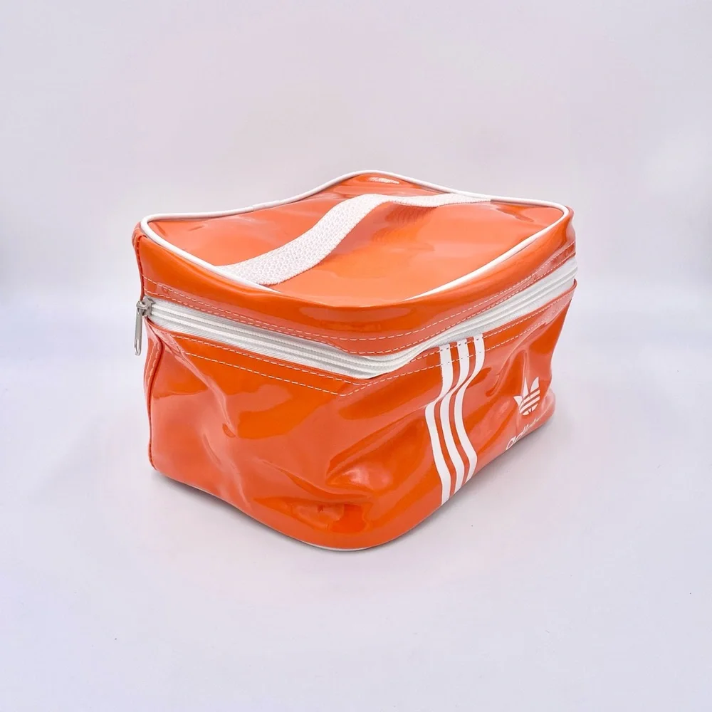 Vintage Adidas Vinyl Orange White Trefoil Logo Stripe Zip Up Block Travel Bag